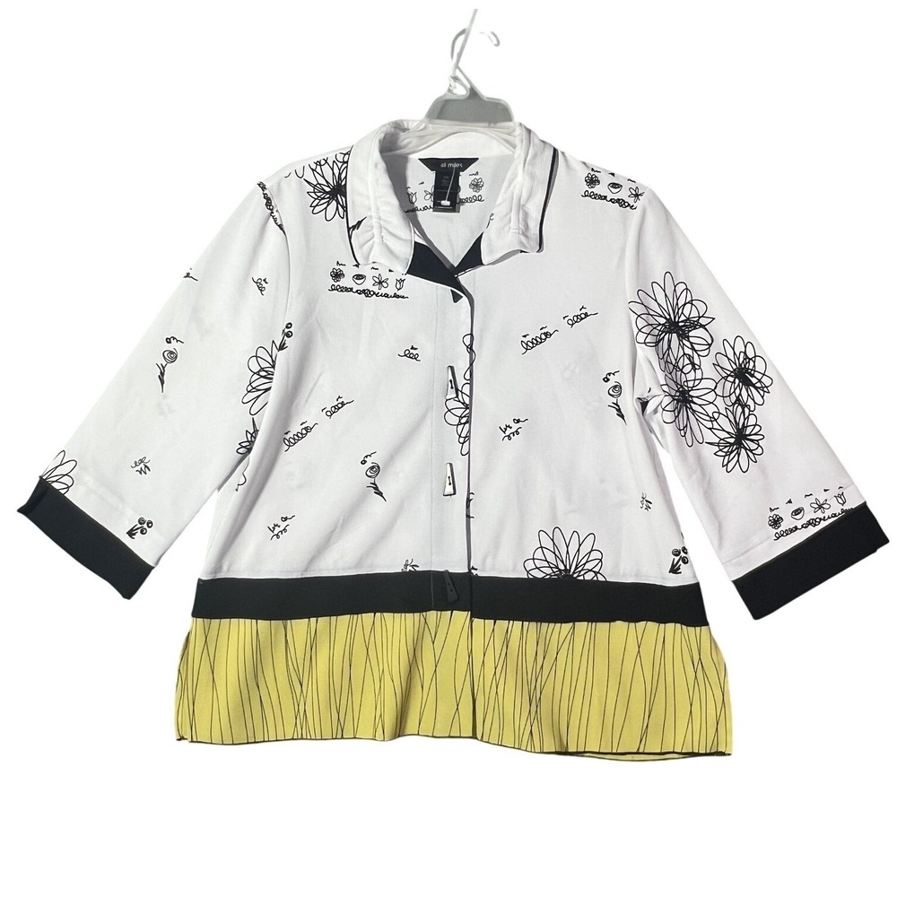 Ali Miles Women's PM White Black Yellow Floral Abstract 3/4 Sleeve Top Tunic